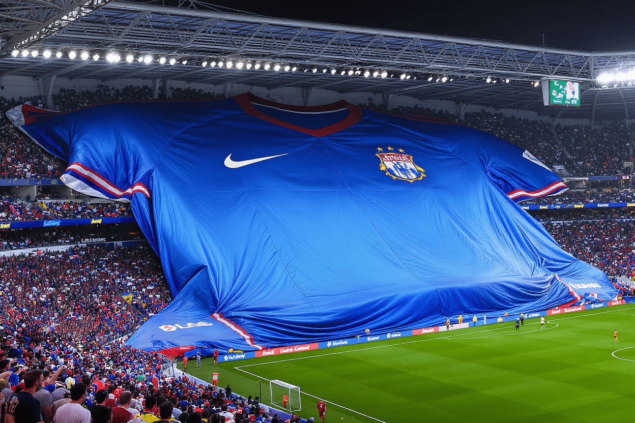Maillot géant textile déployé en tribune pour animation de stade